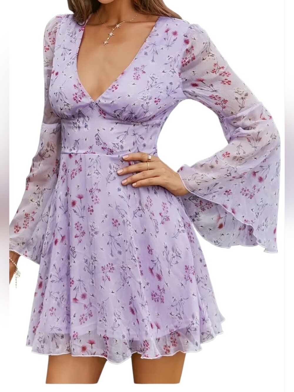 Floral Print Fairycore Flare Sleeve Dress Size L Plunging Neckline Lavender Boho